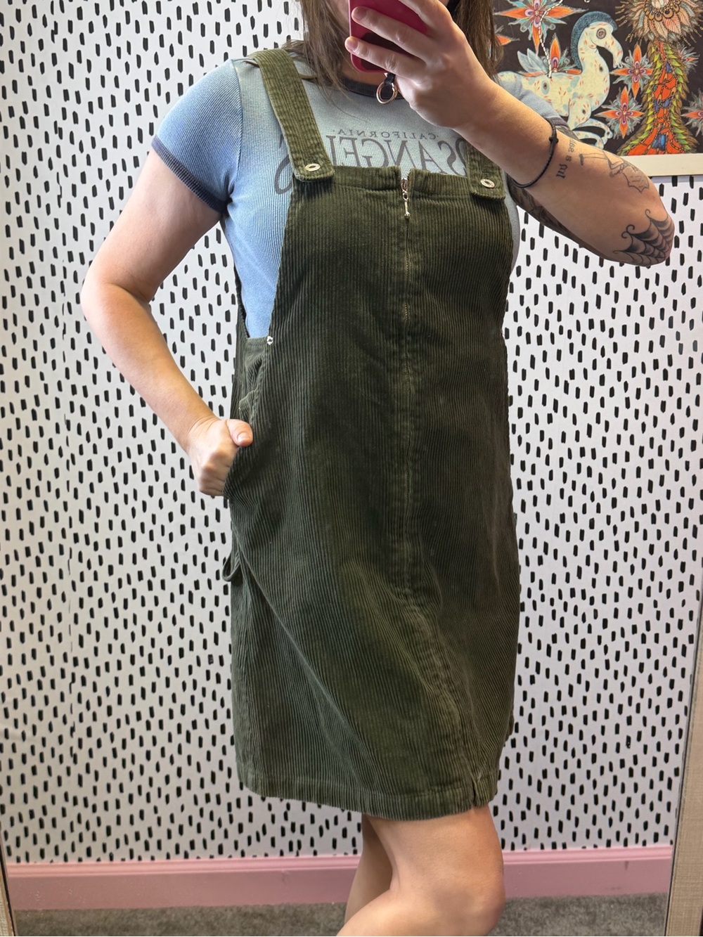 VTG J.L.N.Y. Corduroy Overall Dress Olive Green Women's Sz M full zip y2k